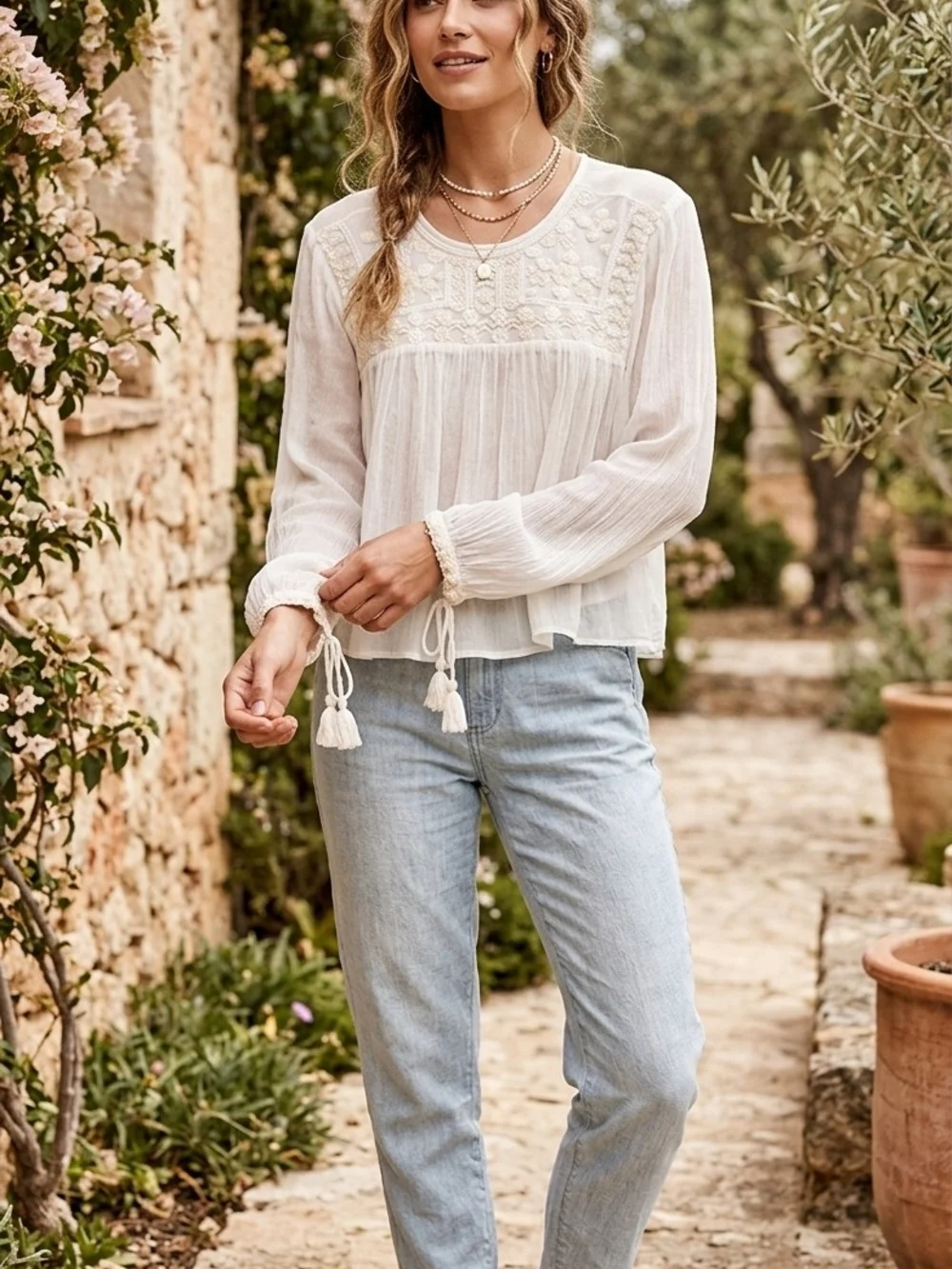 Free People Ivory Gauze Peasant Blouse with Tassels